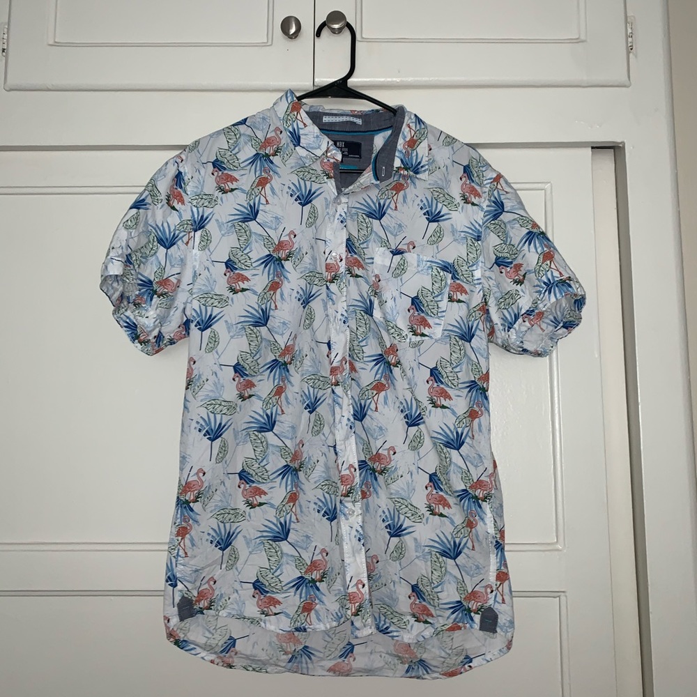 Tropical flamingo short sleeve button up